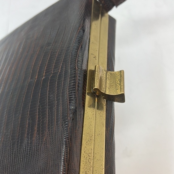 Harry Revits Lizard Reptile Dark Brown and Brass Structured Leather Box Handbag - Picture 11 of 13